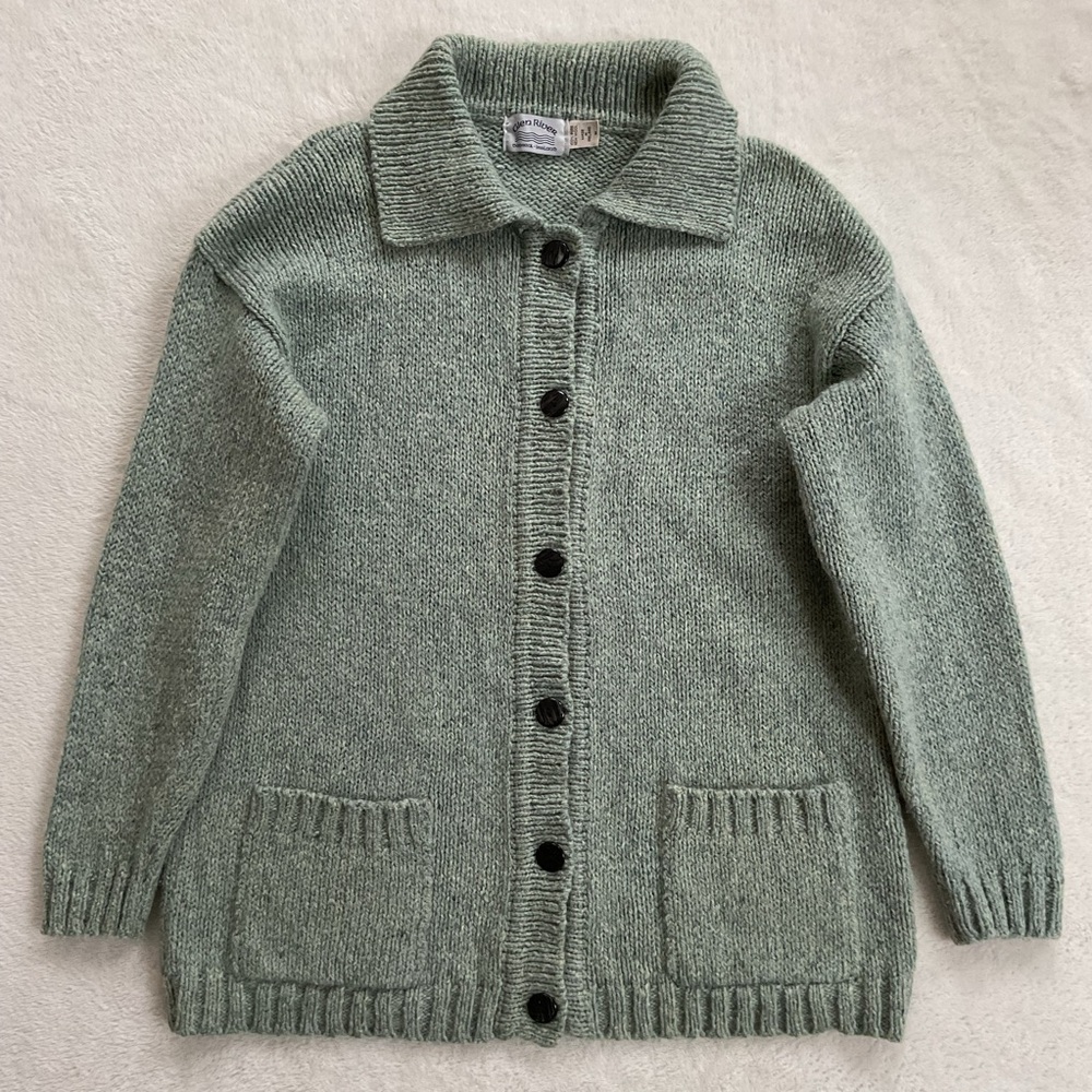 Vintage Donegal Wool Cardigan Ireland Glen River M Sage Fleck Collared Sweater